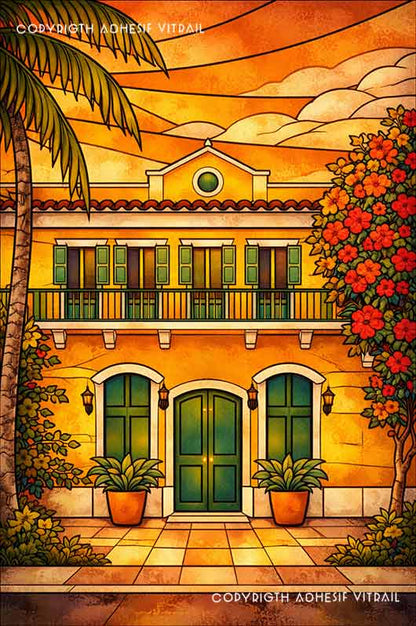 Adhésif vitrail maison créole tropicale baignée de lumière dorée au coucher du soleil