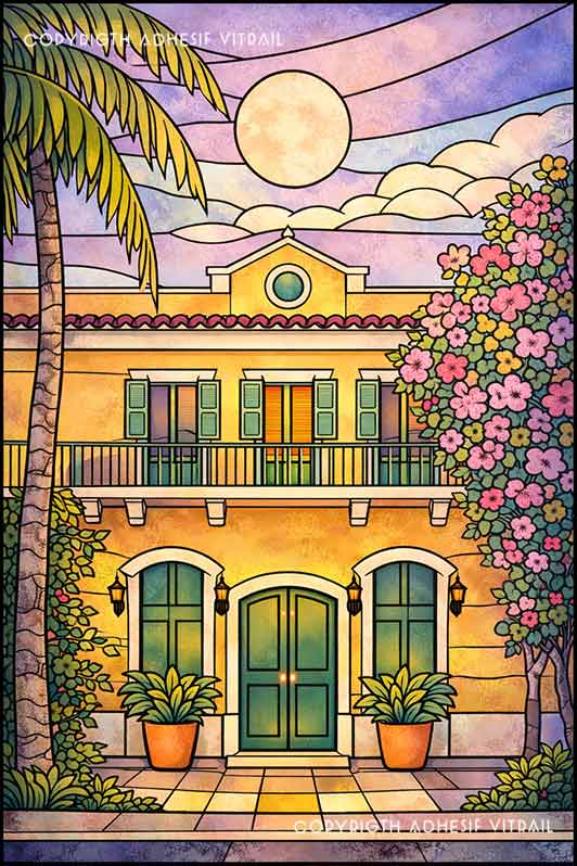 Adhésif vitrail illustrant une maison créole tropicale sous un ciel nocturne et une lune lumineuse