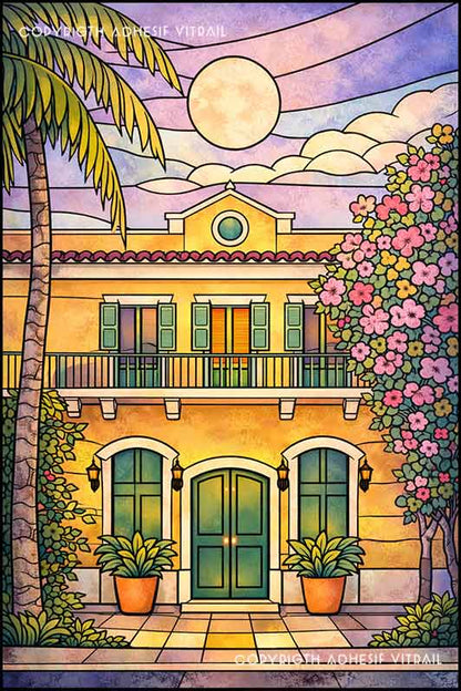 Adhésif vitrail illustrant une maison créole tropicale sous un ciel nocturne et une lune lumineuse