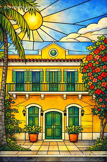 Adhésif vitrail représentant une maison créole tropicale colorée avec palmiers et fleurs sous le soleil