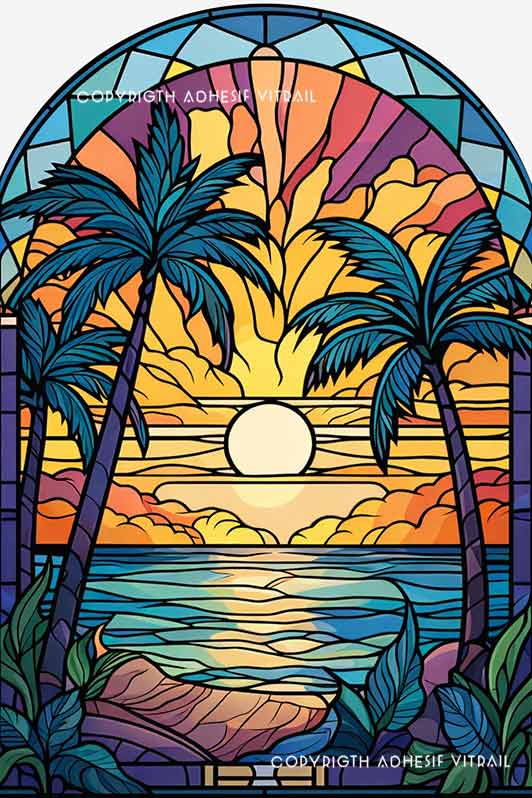 Film adhésif décoratif autocollant d’inspiration vitrail représentant un coucher de soleil tropical avec palmiers, mer calme et ciel coloré ambiance Caraïbes.