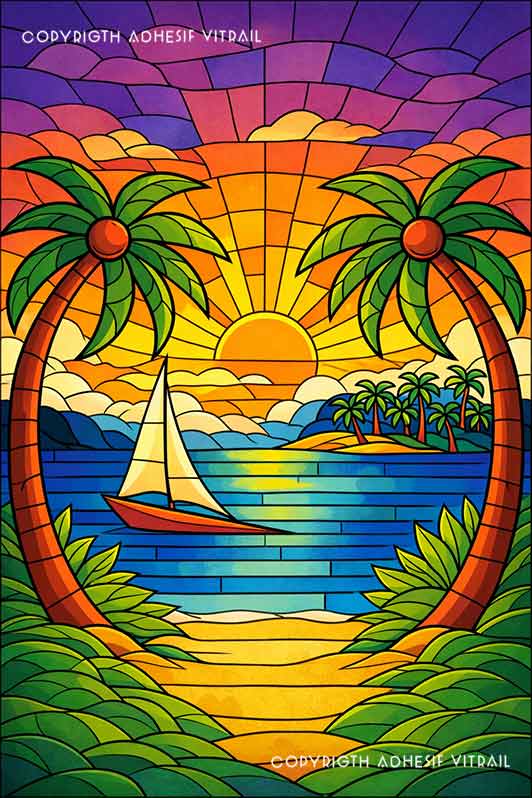 Film adhésif décoratif autocollant d’inspiration vitrail représentant une plage tropicale avec palmiers, voilier et coucher de soleil dans les Caraïbes.