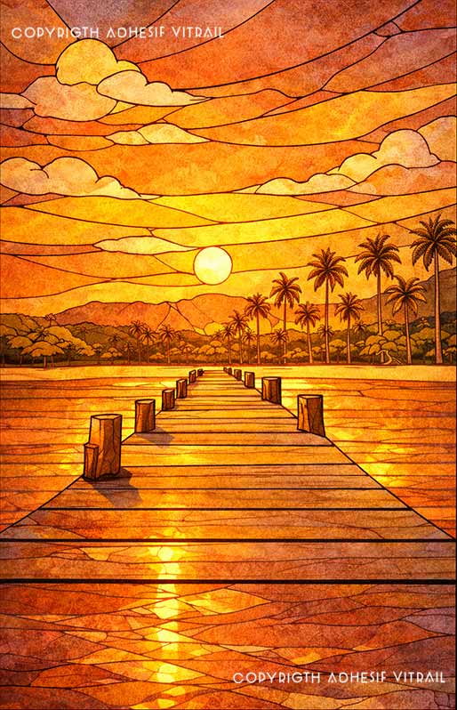 Adhésif vitrail décoratif représentant une plage tropicale des Caraïbes avec ponton, ambiance dorée chaleureuse, décoration voyage pour fenêtre.