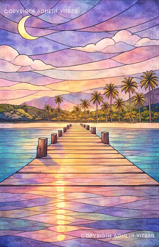 Adhésif vitrail décoratif représentant une plage tropicale des Caraïbes avec ponton, ambiance onirique violette, décoration tropicale pour fenêtre.