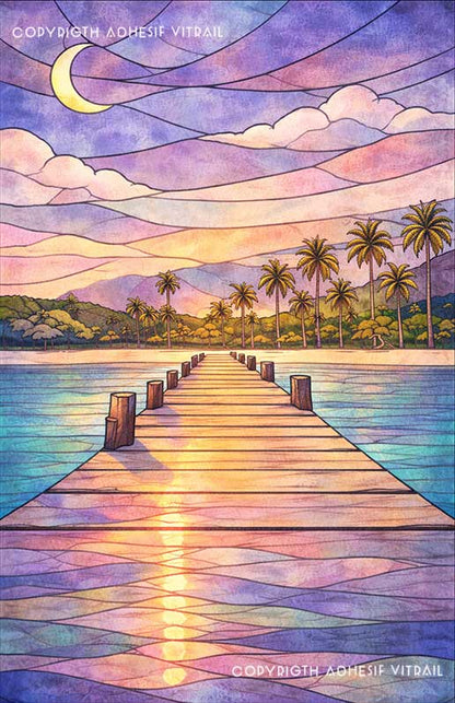 Adhésif vitrail décoratif représentant une plage tropicale des Caraïbes avec ponton, ambiance onirique violette, décoration tropicale pour fenêtre.