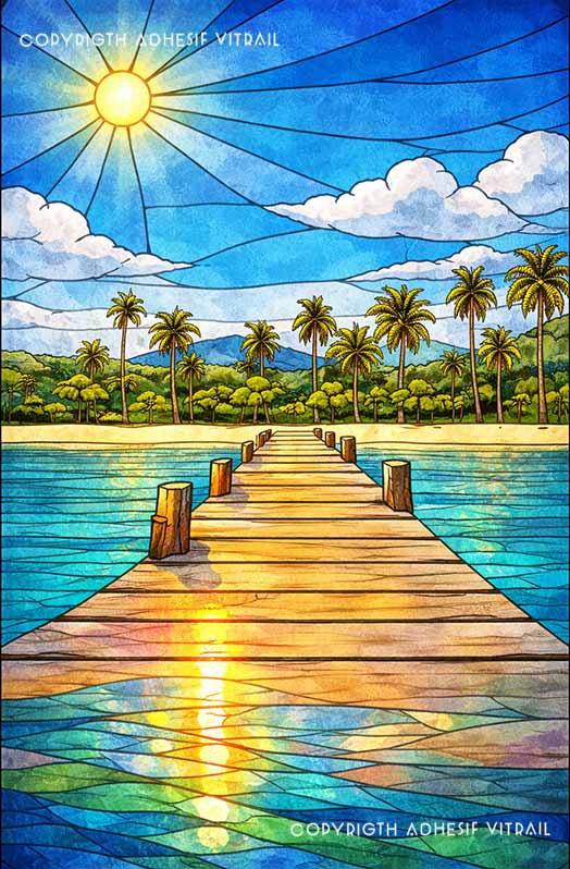 Adhésif vitrail décoratif représentant une plage tropicale des Caraïbes avec ponton, ambiance soleil bleutée, décoration voyage pour fenêtre.