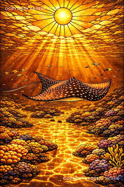Adhésif vitrail décoratif représentant une raie manta dans les fonds marins tropicaux des Caraïbes, ambiance dorée chaleureuse, décoration marine et exotique pour fenêtre.