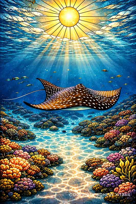 Adhésif vitrail décoratif représentant une raie manta dans les fonds marins tropicaux des Caraïbes, ambiance soleil lumineuse, décoration océan et voyage pour fenêtre.