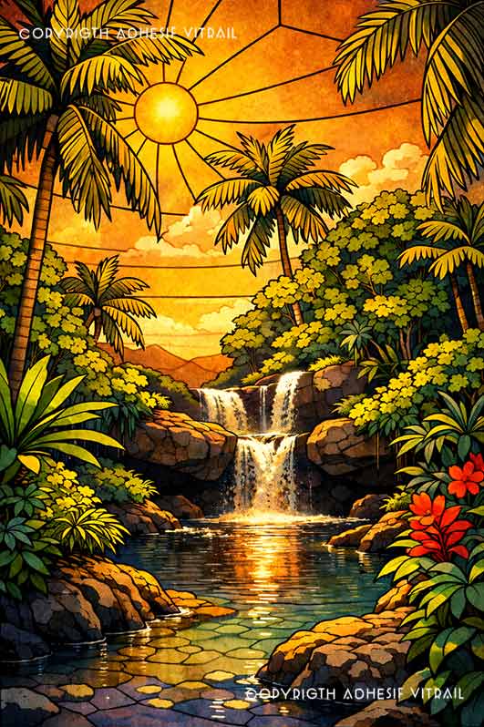 Vitrail autocollant cascade exotique en jungle avec lumière dorée