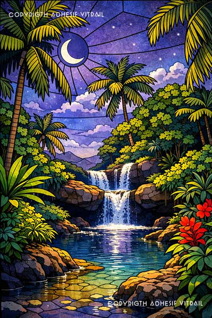 Adhésif vitrail cascade tropicale dans la jungle avec bassin naturel de nuit