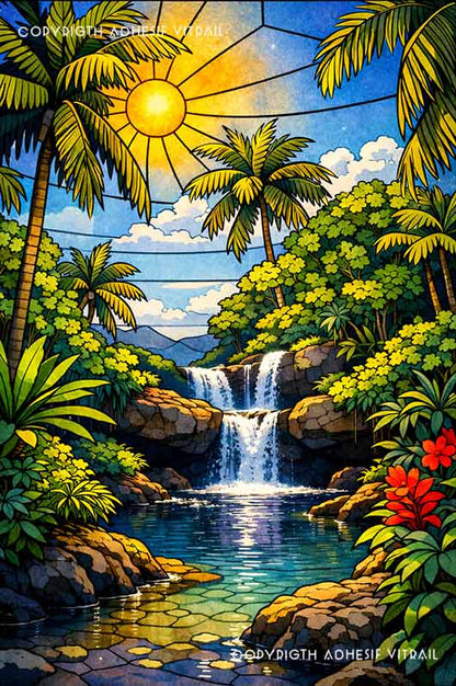 Film vitrail décoratif cascade tropicale entourée de jungle et bassin clair