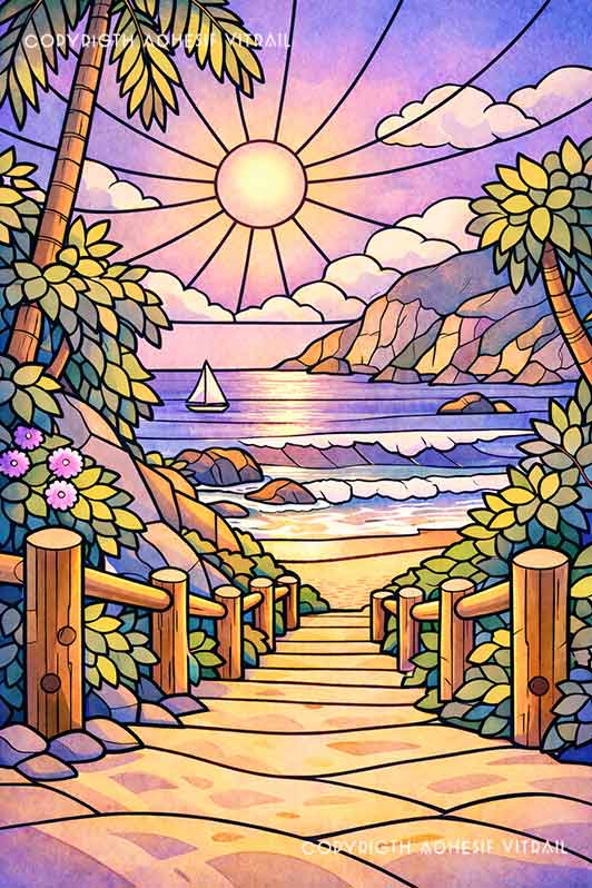 Adhésif vitrail décoratif représentant un chemin menant à une plage tropicale des Caraïbes, ambiance lune violette.