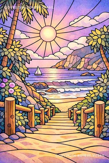 Adhésif vitrail décoratif représentant un chemin menant à une plage tropicale des Caraïbes, ambiance lune violette.