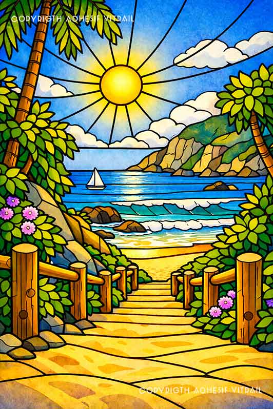 Adhésif vitrail décoratif représentant un chemin menant à une plage tropicale des Caraïbes, ambiance soleil lumineuse.