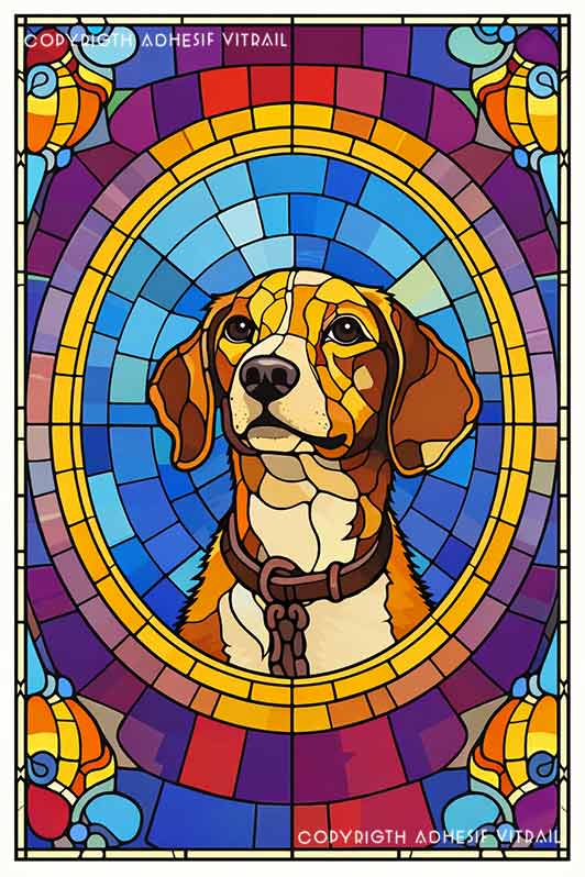 Film adhésif décoratif autocollant d’inspiration vitrail représentant le portrait d’un chien beagle dans un médaillon circulaire, style vitrail coloré et lumineux pour décoration de fenêtre.