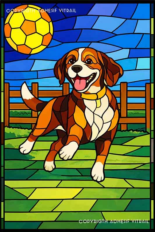 Film adhésif décoratif autocollant d’inspiration vitrail représentant un chien type beagle tricolore jouant avec un ballon vert, scène joyeuse et lumineuse pour décoration de fenêtre