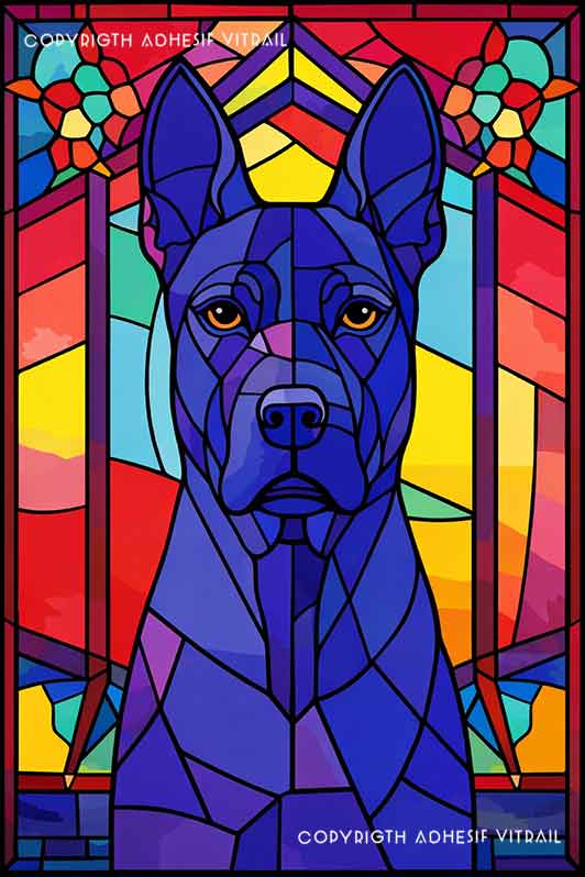 Film adhésif décoratif autocollant d’inspiration vitrail représentant un chien berger belge en portrait coloré moderne, idéal pour décoration de fenêtre lumineuse.