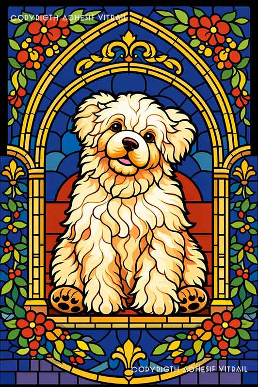 Film adhésif décoratif autocollant d’inspiration vitrail représentant un chien type bichon en portrait doux sous arche florale colorée, idéal pour décoration de fenêtre lumineuse.