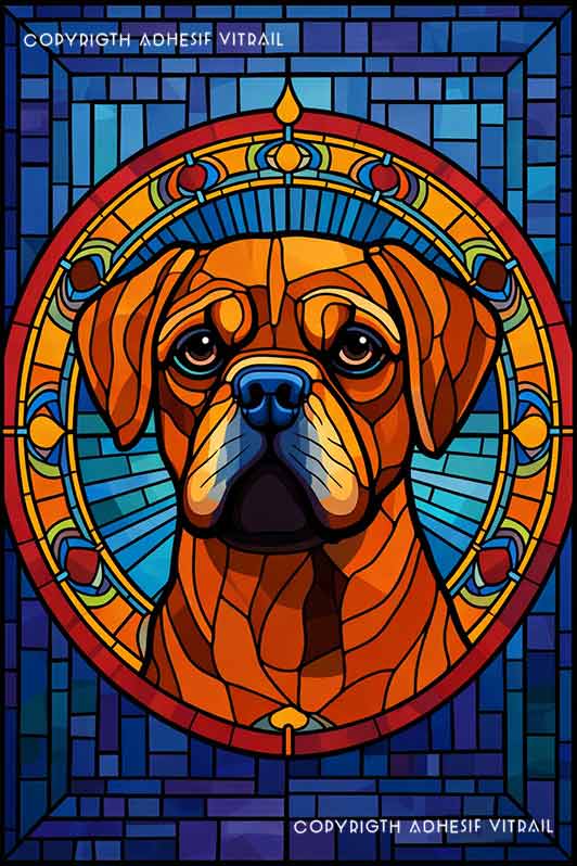 Film adhésif décoratif autocollant d’inspiration vitrail représentant un chien boxer en portrait médaillon coloré, idéal pour décoration de fenêtre style art nouveau.