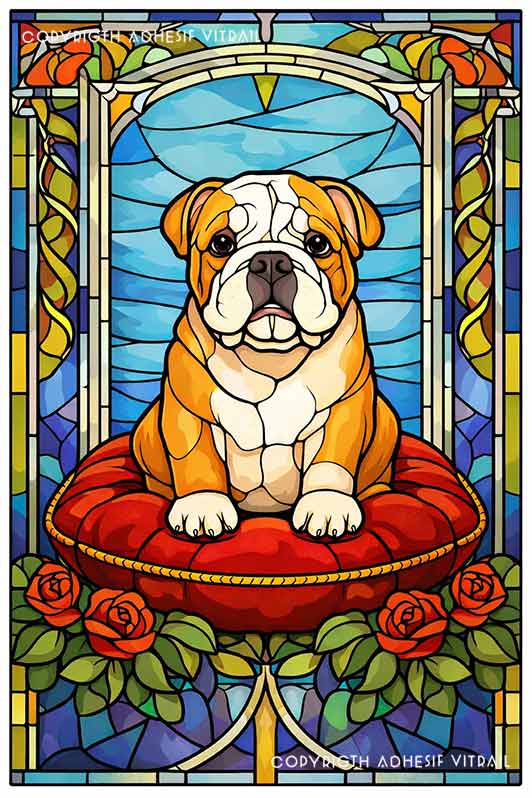 Film adhésif décoratif autocollant d’inspiration vitrail représentant un chien bulldog anglais assis, encadré de motifs floraux et verrière colorée style art décoratif.