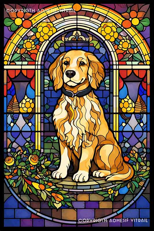 Film adhésif décoratif autocollant d’inspiration vitrail représentant un chien golden retriever assis sous une arche florale colorée style art nouveau, idéal pour décoration de fenêtre