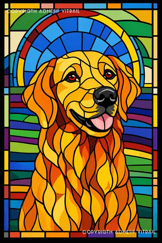 Film adhésif décoratif autocollant d’inspiration vitrail représentant un chien golden retriever stylisé aux couleurs chaudes avec fond arc-en-ciel lumineux et lignes type plomb.
