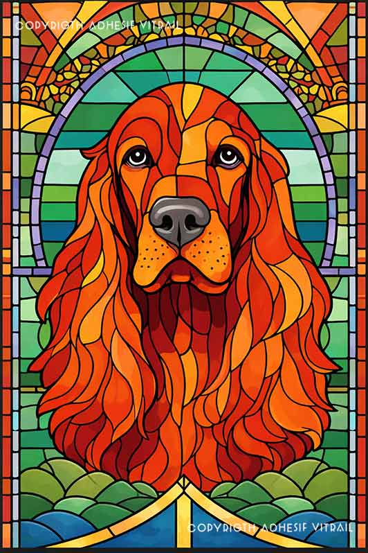 Film adhésif décoratif autocollant d’inspiration vitrail représentant un chien golden retriever aux tons chauds, encadré de motifs colorés style art nouveau pour décoration de fenêtre.