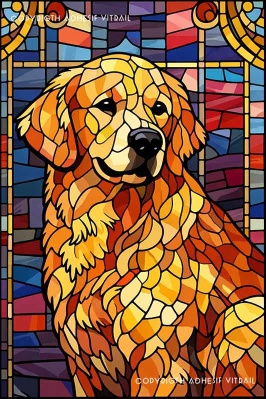 Film adhésif décoratif autocollant d’inspiration vitrail représentant un chien golden retriever en portrait artistique aux tons chauds, idéal pour décoration de fenêtre style art nouveau
