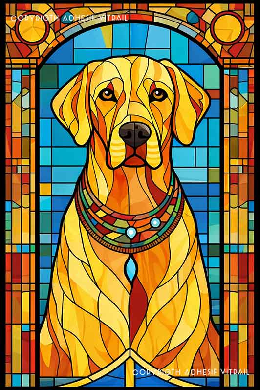 Film adhésif décoratif autocollant d’inspiration vitrail représentant un chien labrador assis, encadré de motifs architecturaux colorés style art nouveau pour décoration de fenêtre.