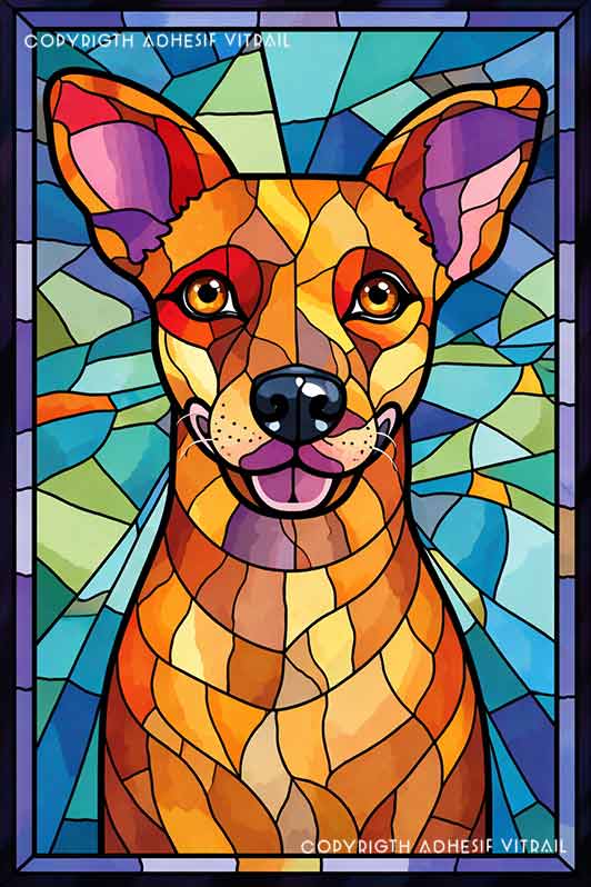 Film adhésif décoratif autocollant d’inspiration vitrail représentant un chien podenco en portrait moderne coloré, idéal pour décoration de fenêtre lumineuse.