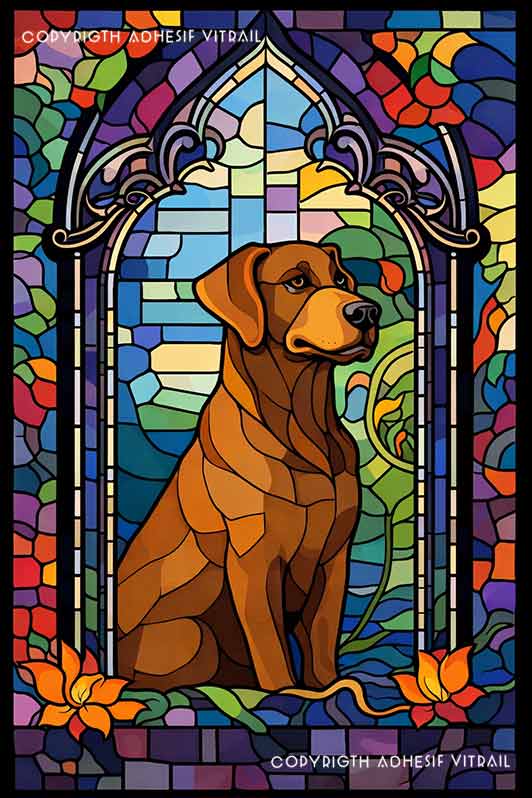 Film adhésif décoratif autocollant d’inspiration vitrail représentant un chien type rhodesian ridgeback en portrait sous arche gothique colorée, idéal pour décoration de fenêtre style art nouveau.