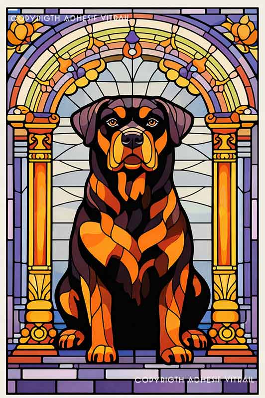 Film adhésif décoratif autocollant d’inspiration vitrail représentant un chien rottweiler assis sous une arche colorée avec colonnes décoratives et fond lumineux style cathédrale