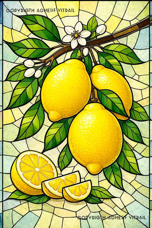 Film adhésif décoratif autocollant d’inspiration vitrail représentant une branche de citronnier avec citrons jaunes, fleurs blanches et feuillage décoratif.