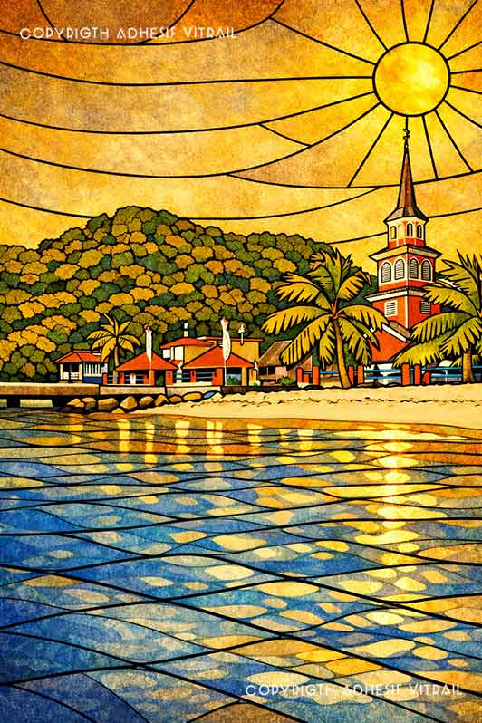 Adhésif vitrail Caraïbes représentant une baie tropicale au coucher du soleil avec village côtier, phare et mer dorée