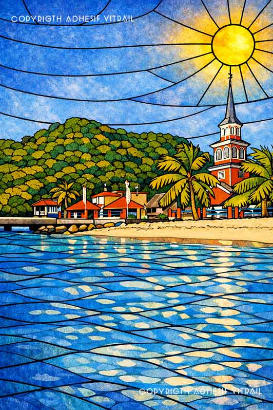 Adhésif vitrail Caraïbes représentant une baie tropicale avec village côtier, phare et mer bleue sous le soleil