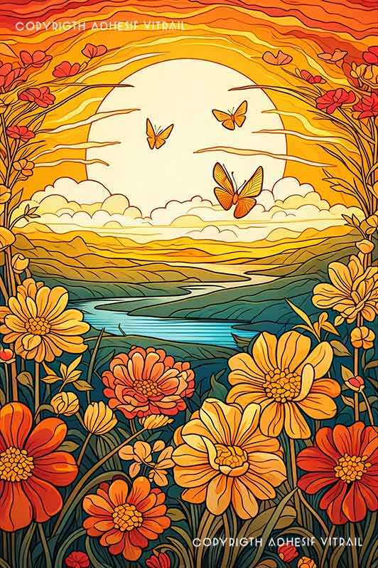 Film adhésif décoratif autocollant d’inspiration vitrail coucher de soleil fleuri avec rivière et papillons.