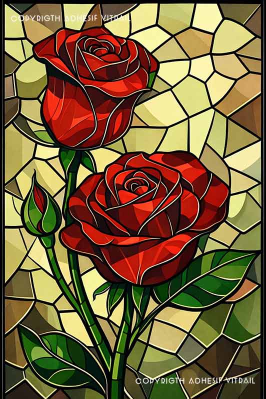 Film adhésif décoratif autocollant d’inspiration vitrail représentant deux roses rouges avec bouton et feuillage vert sur fond mosaïque beige et olive.