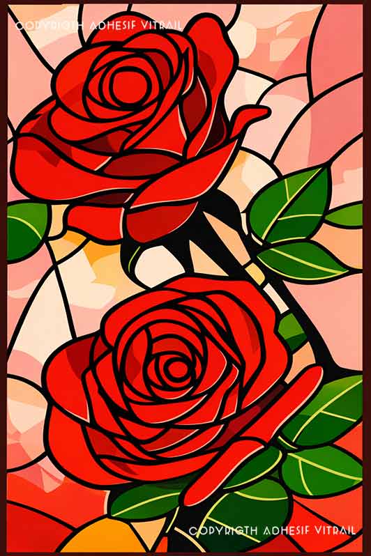 Film adhésif décoratif autocollant d’inspiration vitrail représentant deux roses rouges entrelacées avec feuilles vertes et tiges sombres, sur fond pastel aux formes géométriques lumineuses.