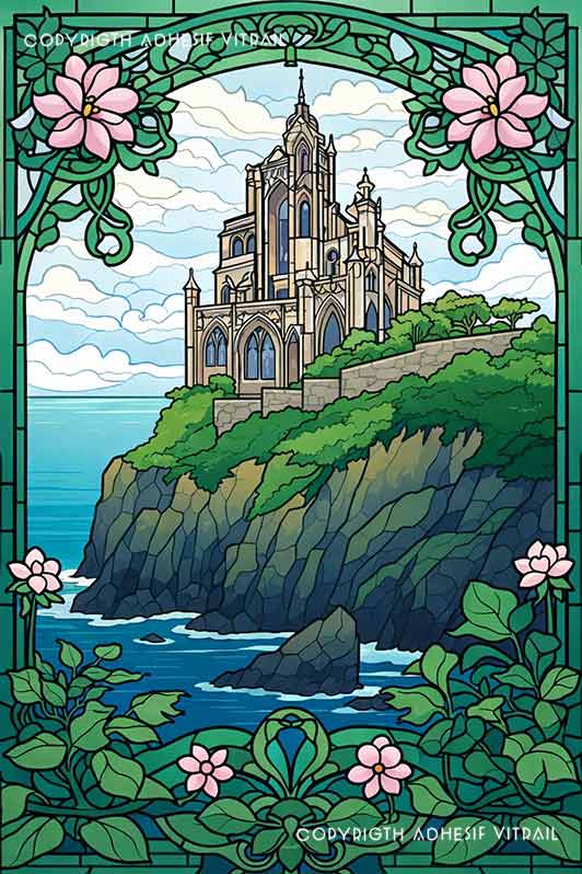 Film adhésif décoratif autocollant d’inspiration vitrail église gothique sur falaise en bord de mer.