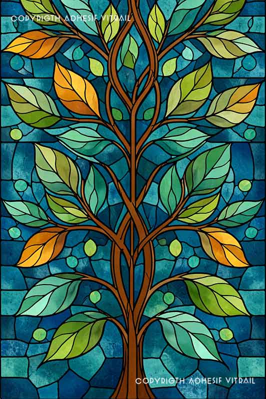 Film adhésif décoratif autocollant d’inspiration vitrail traditionnel à arbre feuillu vert et bleu, idéal pour fenêtre.
