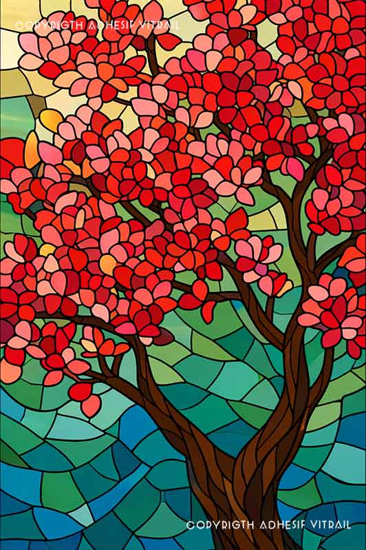 Film adhésif décoratif autocollant d’inspiration vitrail traditionnel à arbre aux fleurs rouges, idéal pour fenêtre.