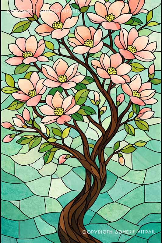 Film adhésif décoratif autocollant d’inspiration vitrail traditionnel à arbre type magnolia rose pâle, idéal pour fenêtre.