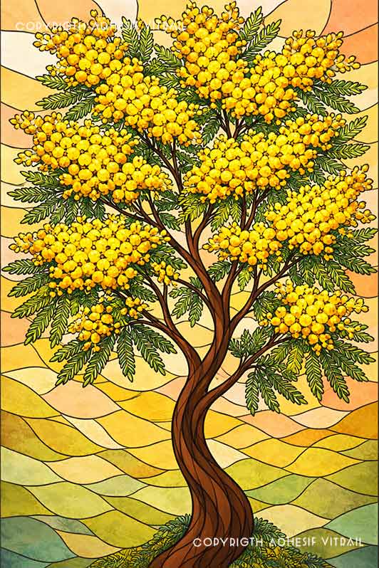 Film adhésif décoratif autocollant d’inspiration vitrail traditionnel à arbre de mimosa jaune, idéal pour fenêtre.