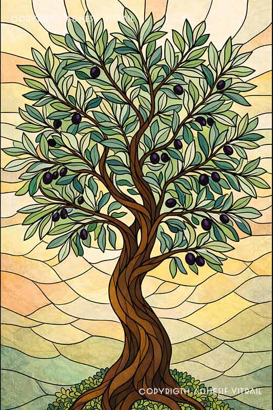 Film adhésif décoratif autocollant d’inspiration vitrail traditionnel à arbre olivier avec olives, idéal pour fenêtre.