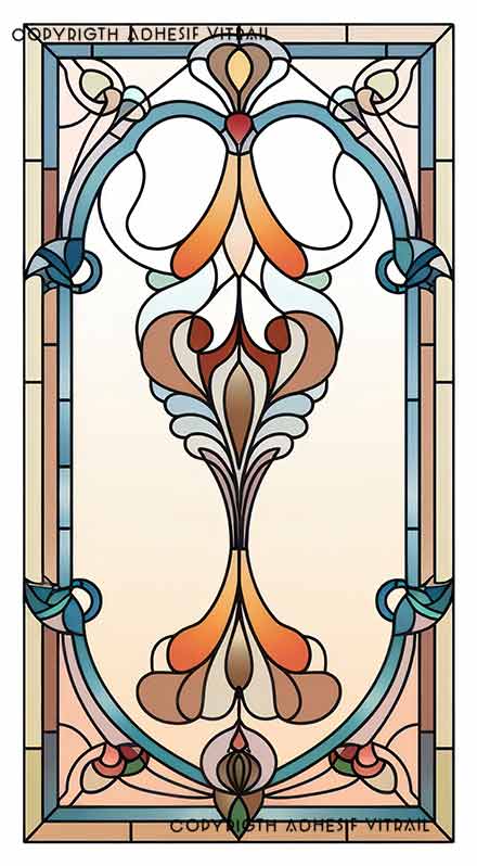 Adhésif vitrail pour fenêtre style Art Nouveau avec motif floral vertical symétrique, tons bleu et orangé, décoration de vitrage lumineuse pour intérieur.