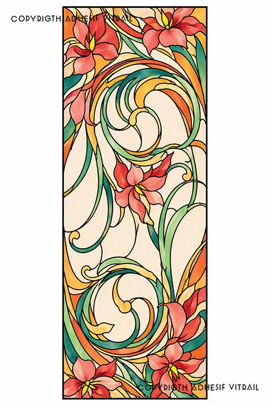 Film adhésif décoratif autocollant d’inspiration vitrail traditionnel à volutes florales style Art nouveau, idéal pour fenêtre.
