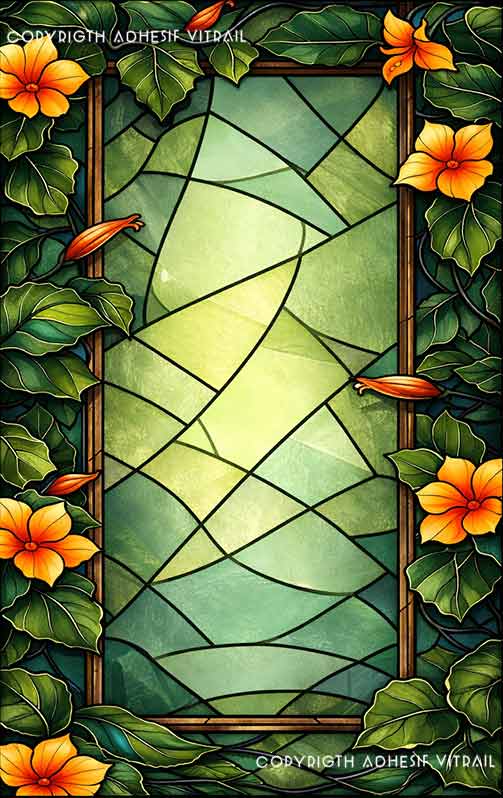 Film adhésif décoratif autocollant d’inspiration vitrail traditionnel à cadre végétal vert et fleurs jaunes, idéal pour fenêtre.