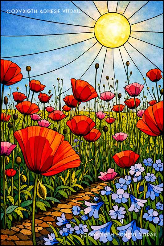 Film adhésif décoratif autocollant d’inspiration vitrail traditionnel représentant un champ de coquelicots au soleil, idéal pour fenêtre.