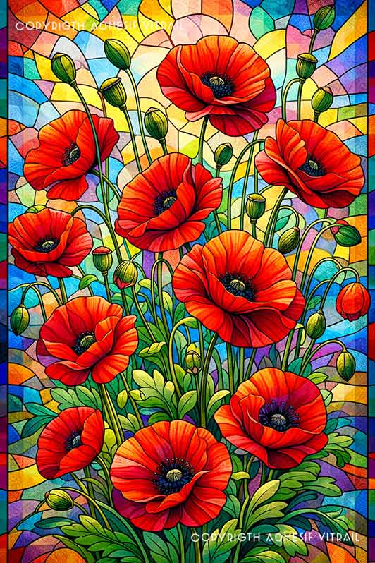 Film adhésif décoratif autocollant d’inspiration vitrail traditionnel à coquelicots rouges sur fond coloré, idéal pour fenêtre.