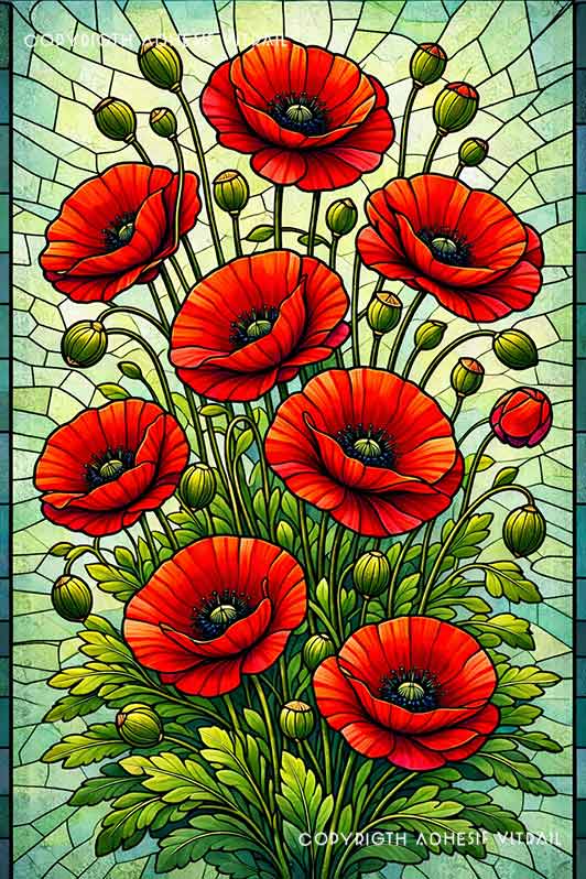 Film adhésif décoratif autocollant d’inspiration vitrail traditionnel à coquelicots rouges sur fond vert clair, idéal pour fenêtre.